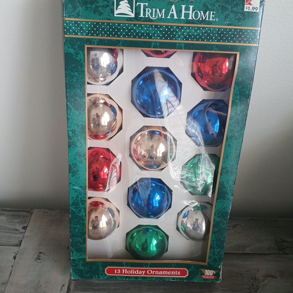 Vintage Kmart Holiday Glass Ornaments Set - Red, Blue, Green, Silver, Gold